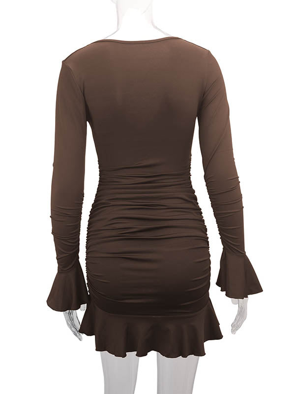 Bodycon Elasticated Waist Pleated Ruffled Solid Color Split-Joint V-Neck Midi Dresses