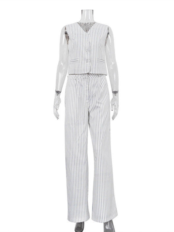Loose Sleeveless Buttoned Striped V-Neck Vest Top + Pockets Pants Bottom Two Pieces Set