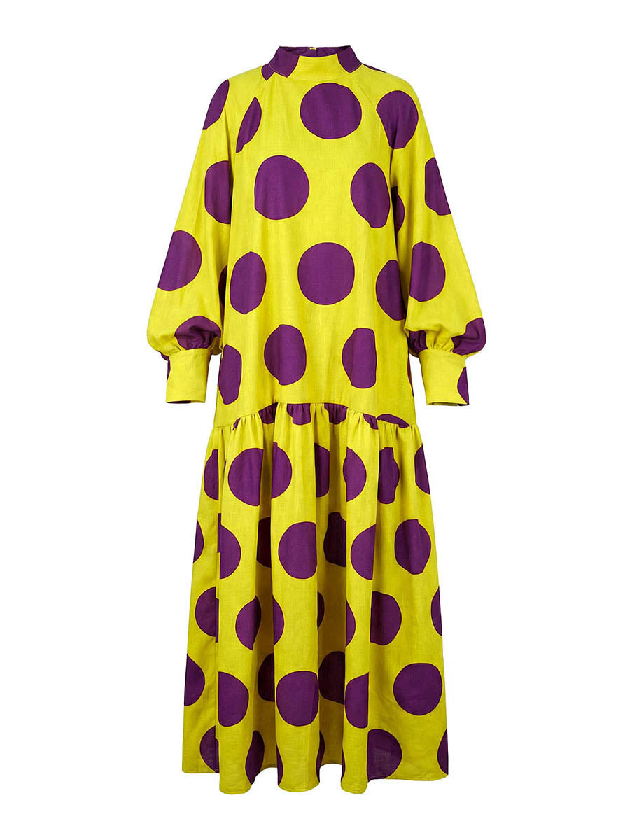 Long Sleeves Loose Big Hemline Contrast Color Pleated Polka Dot Split-Joint Half Turtleneck Maxi Dresses