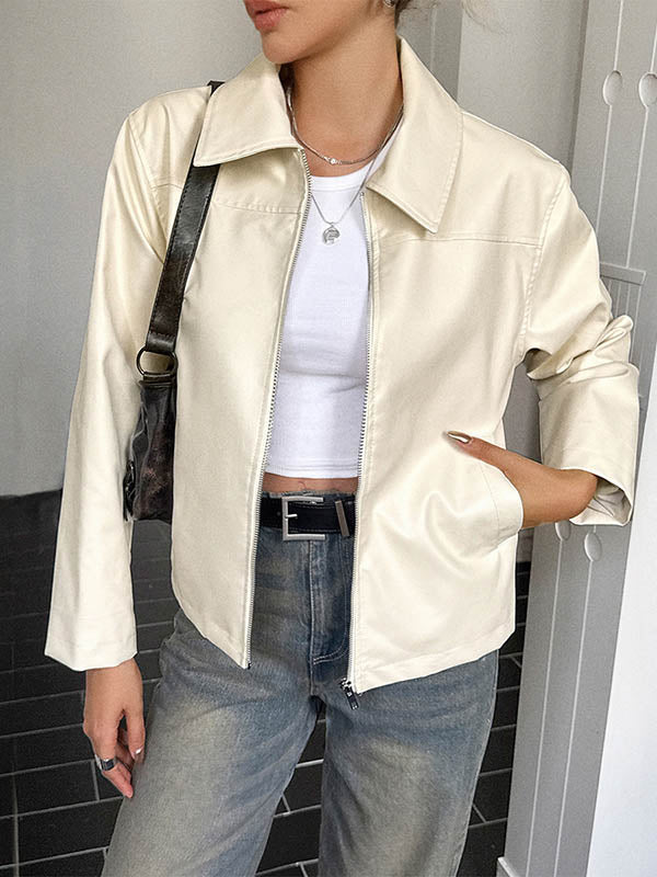 Long Sleeves Pockets Solid Color Zipper Lapel Jackets Overcoat