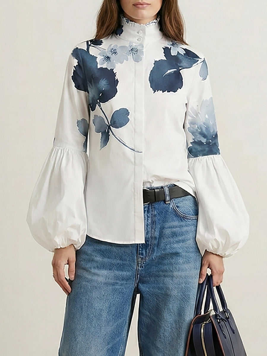 Long Sleeves Loose Buttoned Leaves Print High-Neck Blouses&Shirts Tops