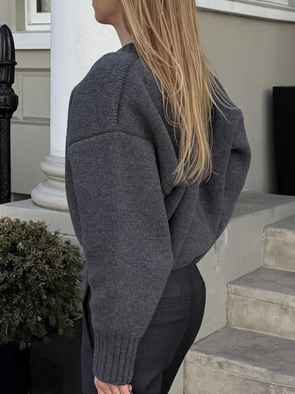 Long Sleeves Loose Ribs Solid Color V-Neck Sweater Tops