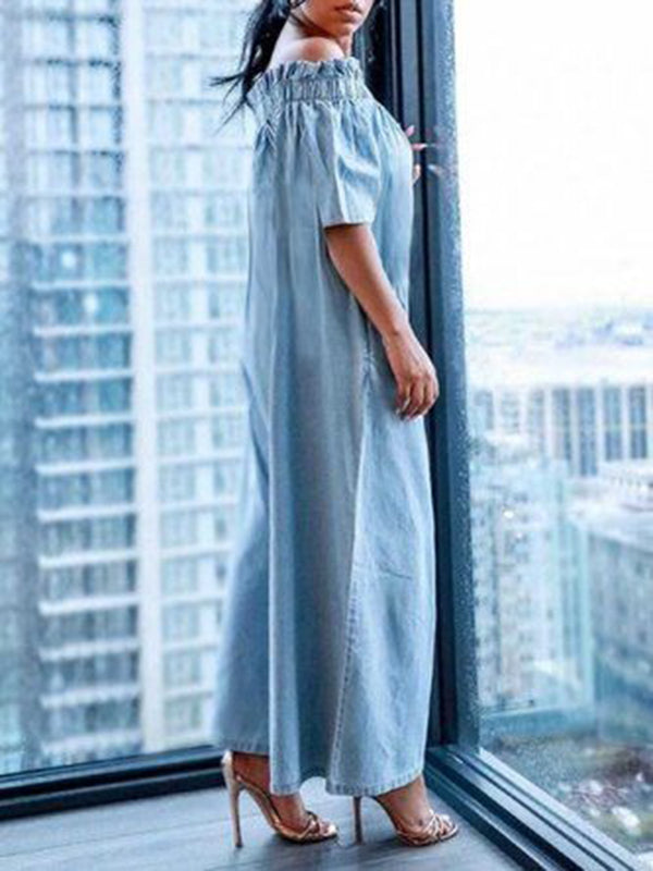 Loose Short Sleeves Pleated Solid Color Split-Joint Stretch; Elastic Off-The-Shoulder Jumpsuits