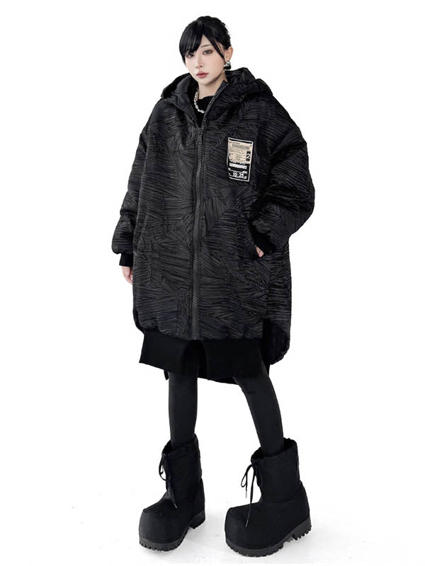 High-Low Irregularity Abstract Printed Contrast Color Split-Joint Zipper Hooded Outerwear Overcoat