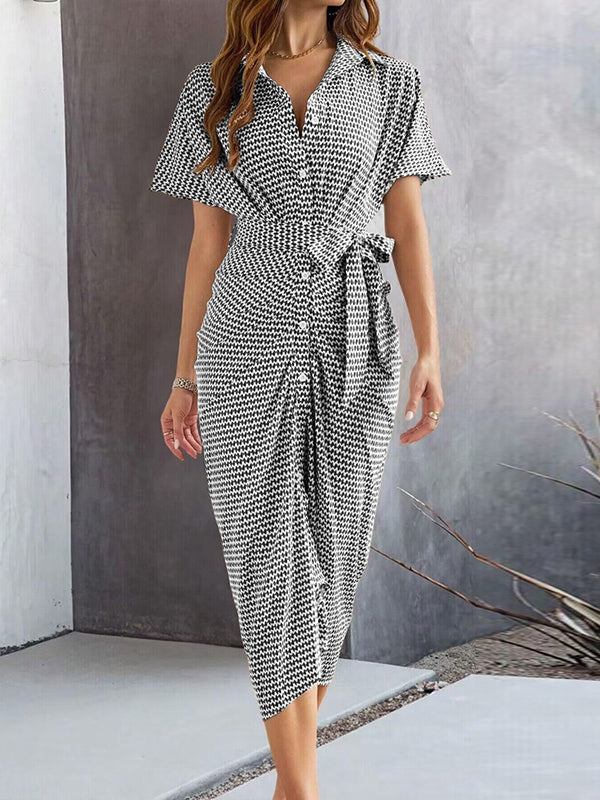 Half Sleeves High Waisted Buttoned Pleated Tied Waist V-Neck Midi Dresses