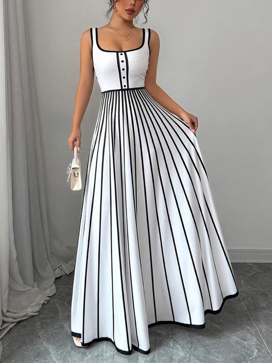 A-Line Sleeveless Contrast Color Pleated Split-Joint Striped Spaghetti-Neck Maxi Dresses