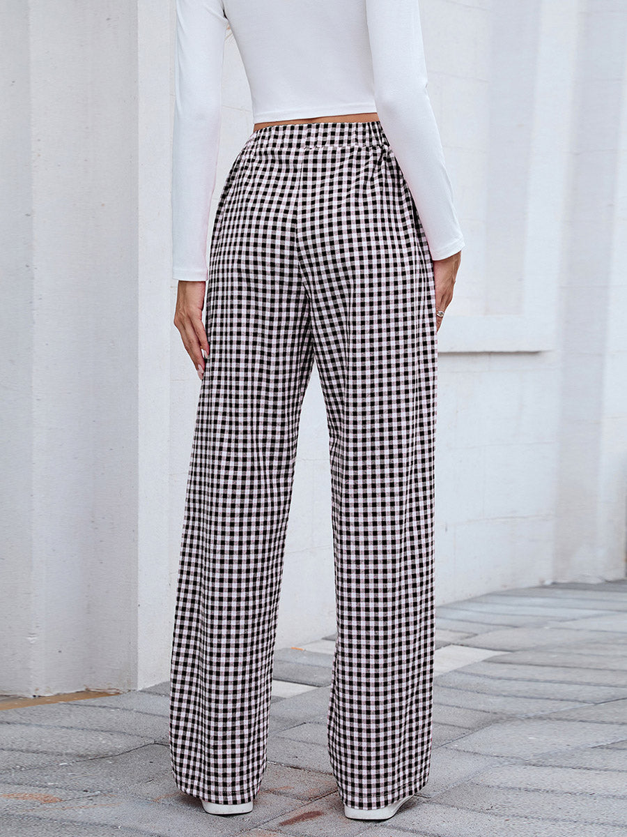 Elasticated Waist High Waisted Contrast Color Plaid Pockets Split-Joint Pants Trousers