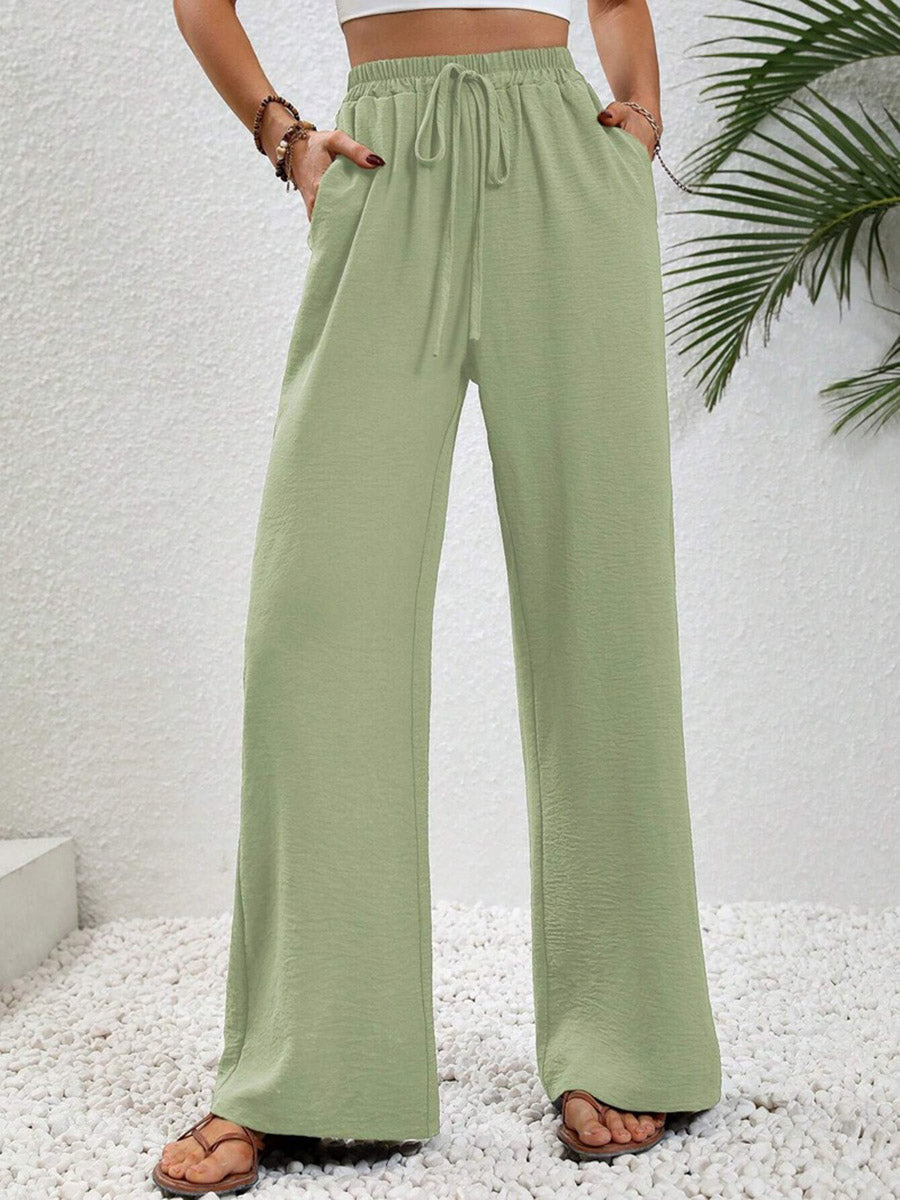 High Waisted Loose Elasticity Pleated Solid Color Tied Waist Pants Trousers