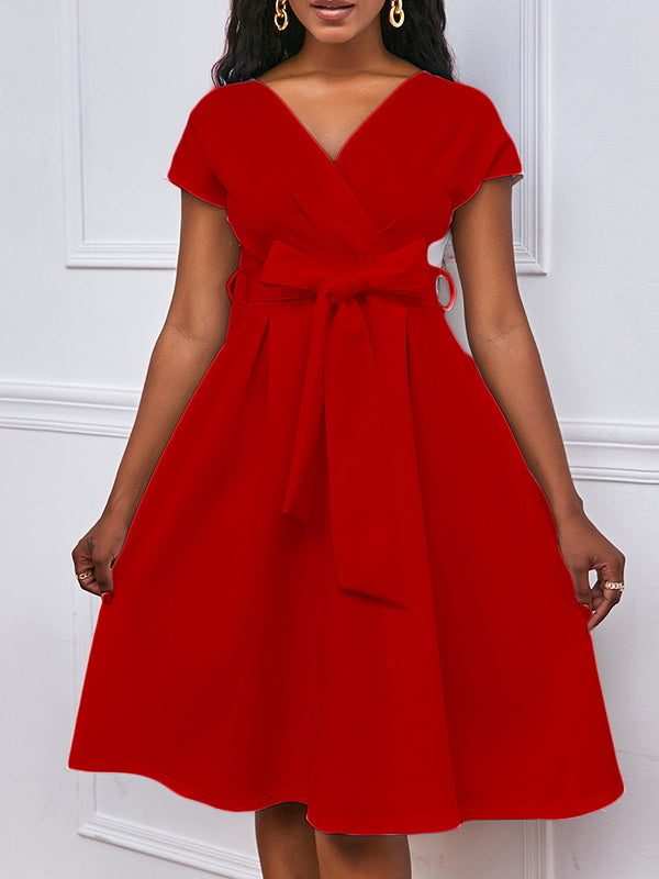 Bowknot Lace-Up Solid Color V-Neck Midi Dresses