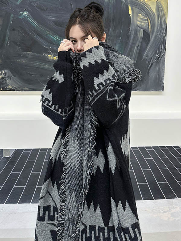 Long Sleeves Loose Contrast Color Geometric Split-Joint Tasseled Lapel Outerwear Overcoat