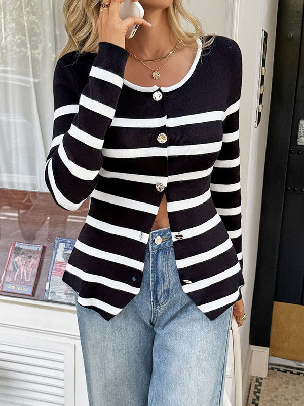 Long Sleeves Skinny Buttoned Contrast Color Split-Joint Striped Round-Neck Cardigan Tops Outerwear
