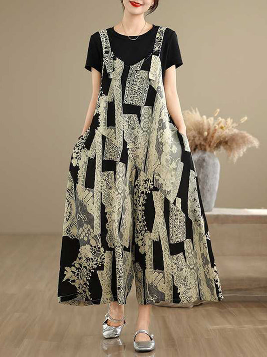 Loose Wide Leg Buttoned Contrast Color Pockets Printed Split-Joint Adjustable Straps Overalls