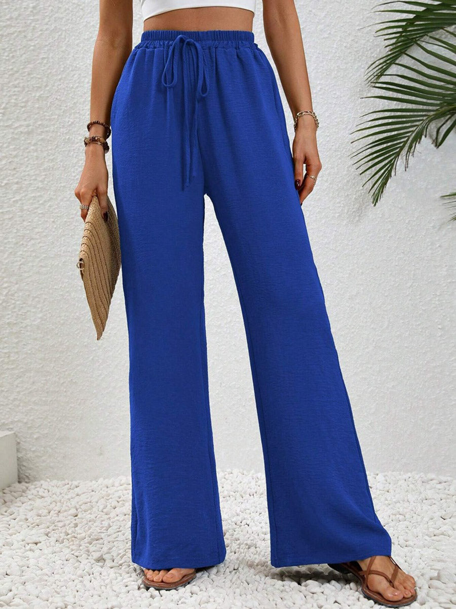 High Waisted Loose Elasticity Pleated Solid Color Tied Waist Pants Trousers