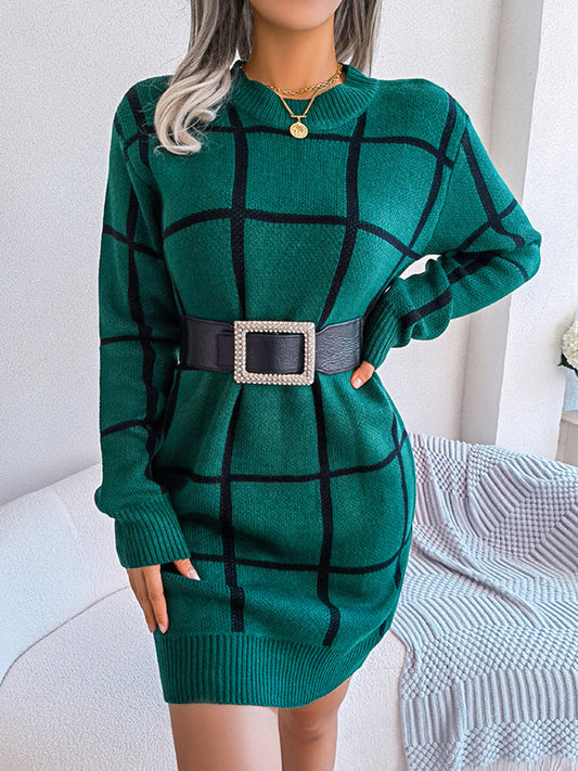 Elasticated Waist Long Sleeves Belted Contrast Color Plaid Round-Neck Mini Dresses Sweater Dresses