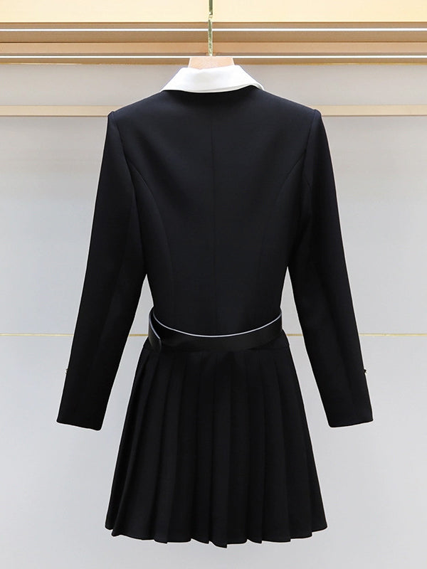 Elasticated Waist Long Sleeves Belted Buttoned Contrast Color Pleated Single-Breasted Lapel Mini Dresses Shirt Dress