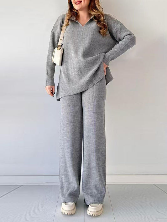Loose Long Sleeves Solid Color Split-Side Lapel Sweater Top + Pants Two Pieces Set