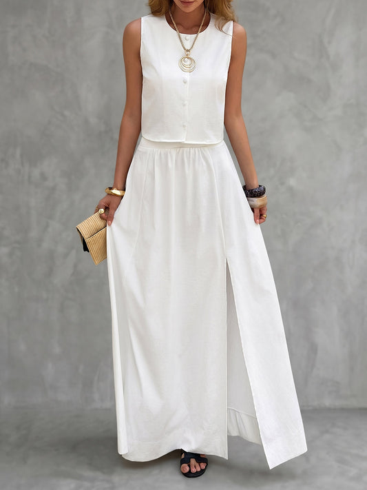 Loose Sleeveless Buttoned Solid Color Split-Side Round-Neck Vest Top + Pants Bottom Suits