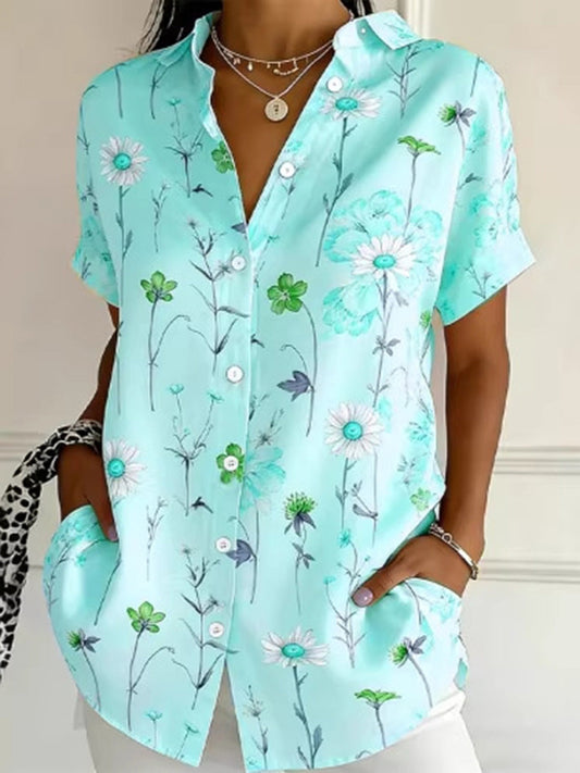 Loose Plus Size Buttoned Contrast Color Flower Print Lapel Blouses&Shirts Tops