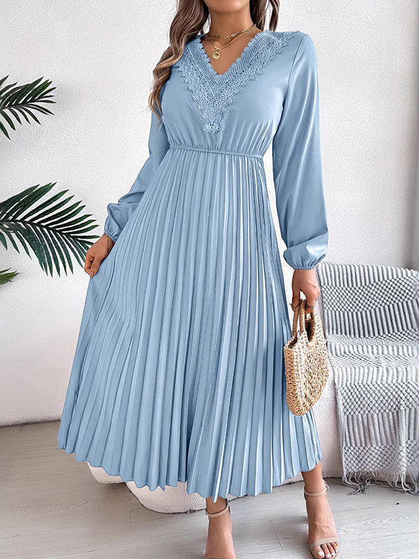 Elasticated Waist High Waisted Pleated Solid Color V-Neck Midi Dresses