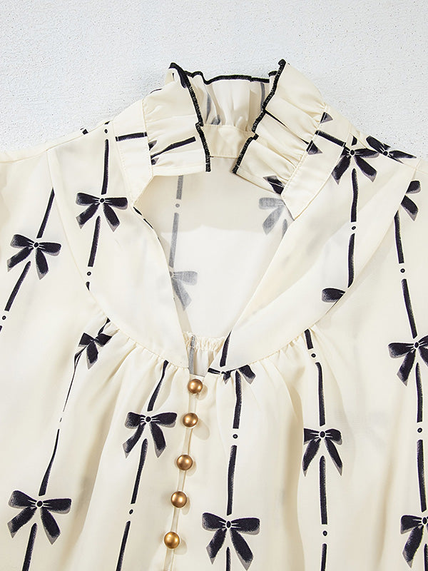 A-Line Loose Bowknot Contrast Color Printed Split-Joint Stand Collar Midi Dresses