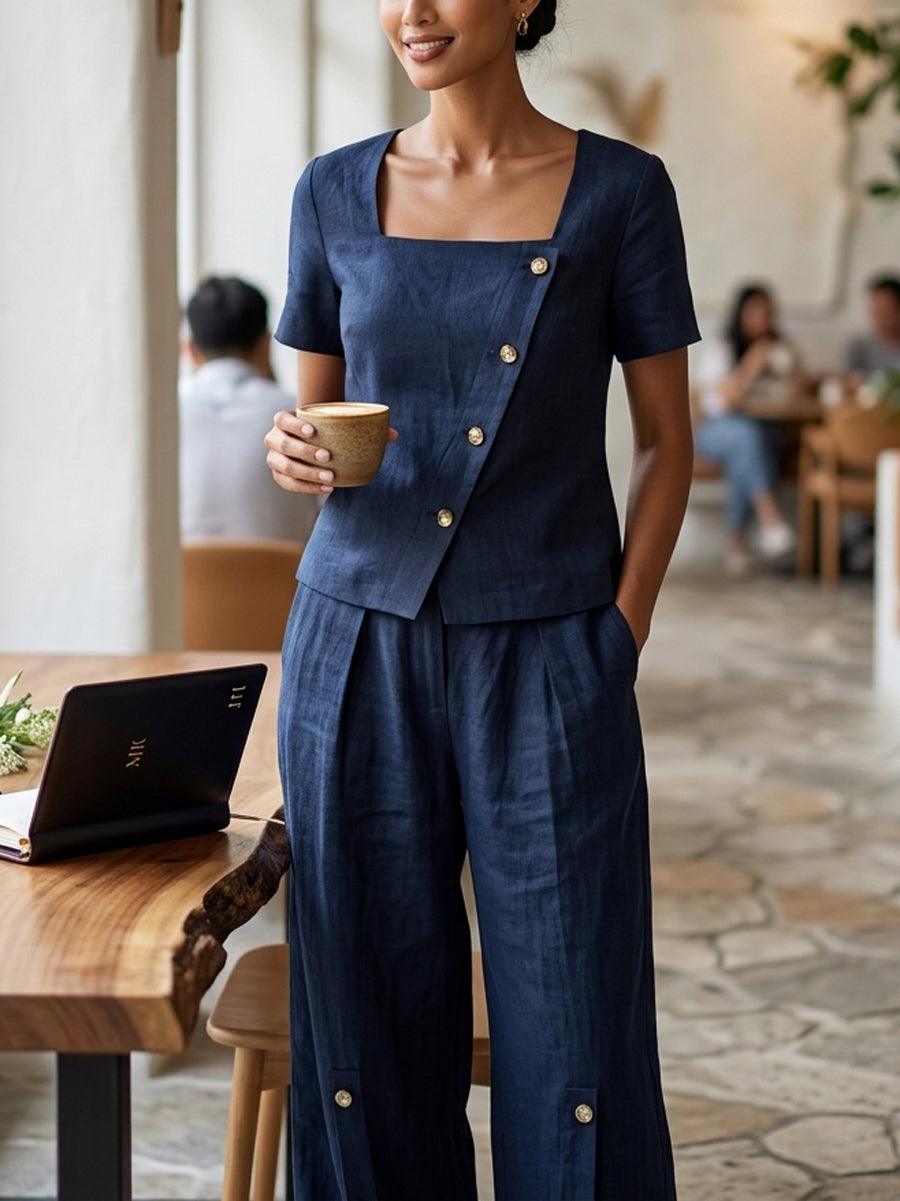 Loose Wide Leg Buttoned Pockets Solid Color Pants Trousers