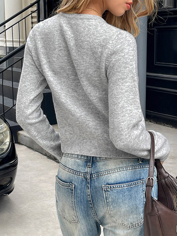 Long Sleeves Solid Color Split-Joint Round-Neck Pullovers Sweater Tops