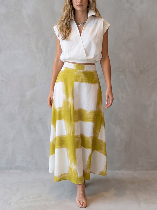 Buttoned Lapel Solid Color Blouses&Shirts Tops +  Contrast Color A-Line High Waisted Printed Skirts Bottoms Two Pieces Set
