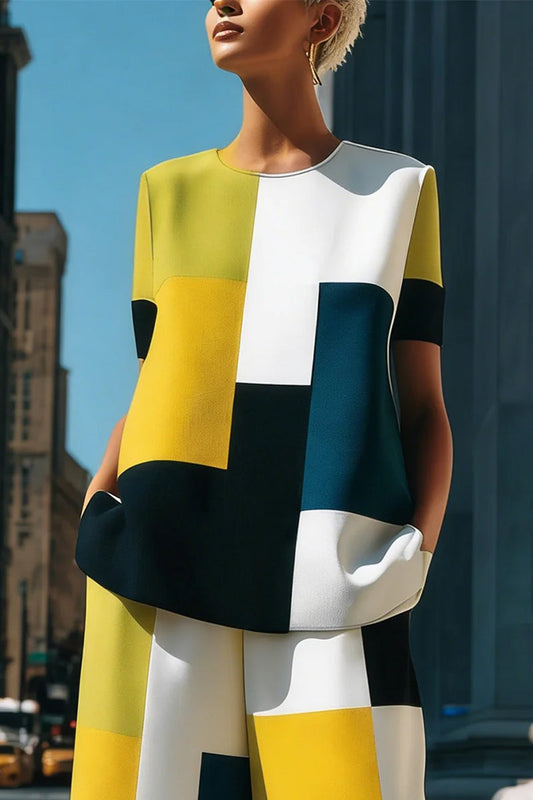 Loose Short Sleeves Buttoned Contrast Color Split-Joint Round-Neck Blouses&Shirts Tops
