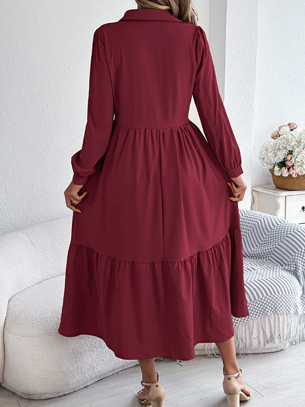 High Waisted Long Sleeves Pleated Ruffled Solid Color Lapel Midi Dresses Shirt Dress