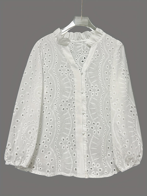Irregularity Long Sleeves Buttoned Flower Shape Hollow See-Through Single-Breasted Solid Color Split-Joint V-Neck Blouses&Shirts Tops