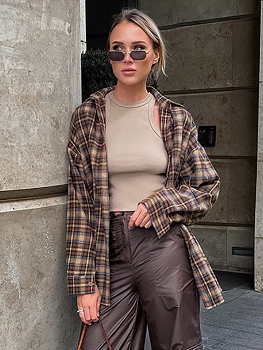 Long Sleeves Loose Buttoned Contrast Color Plaid Split-Joint Lapel Blouses&Shirts Tops Outerwear