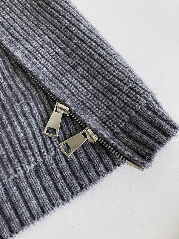 Long Sleeves Loose Split-Joint Split-Side Zipper High Neck Sweater Tops
