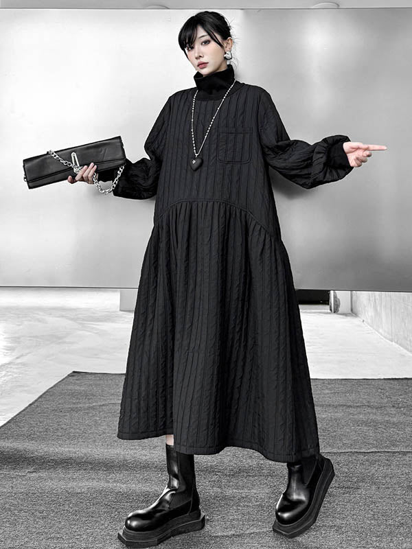 A-Line Long Sleeves Embossed Pockets Quilted Solid Color Split-Joint High Neck Midi Dresses Sweater Dresses