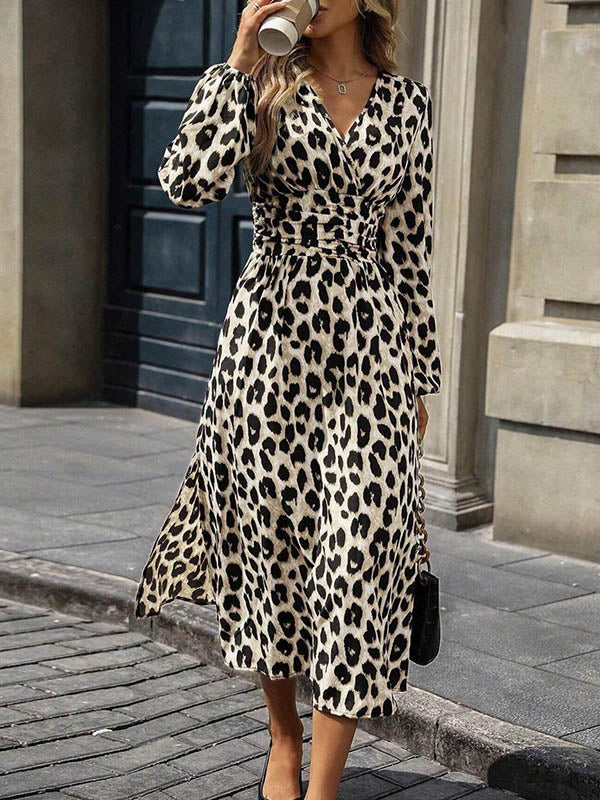 Elasticated Waist High Waisted Contrast Color Leopard Pleated Split-Joint V-Neck Maxi Dresses