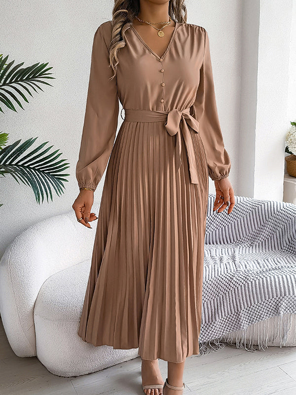 High Waisted Long Sleeves Belted Buttoned Pleated Solid Color V-Neck Maxi Dresses