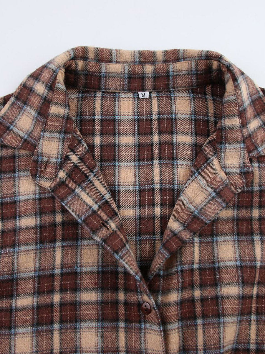 Long Sleeves Loose Buttoned Contrast Color Plaid Split-Joint Lapel Blouses&Shirts Tops Outerwear