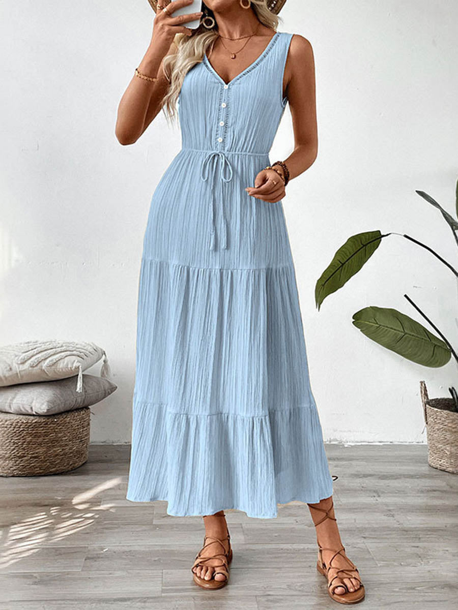A-Line High Waisted Buttoned Pleated Solid Color Tied Waist V-Neck Maxi Dresses