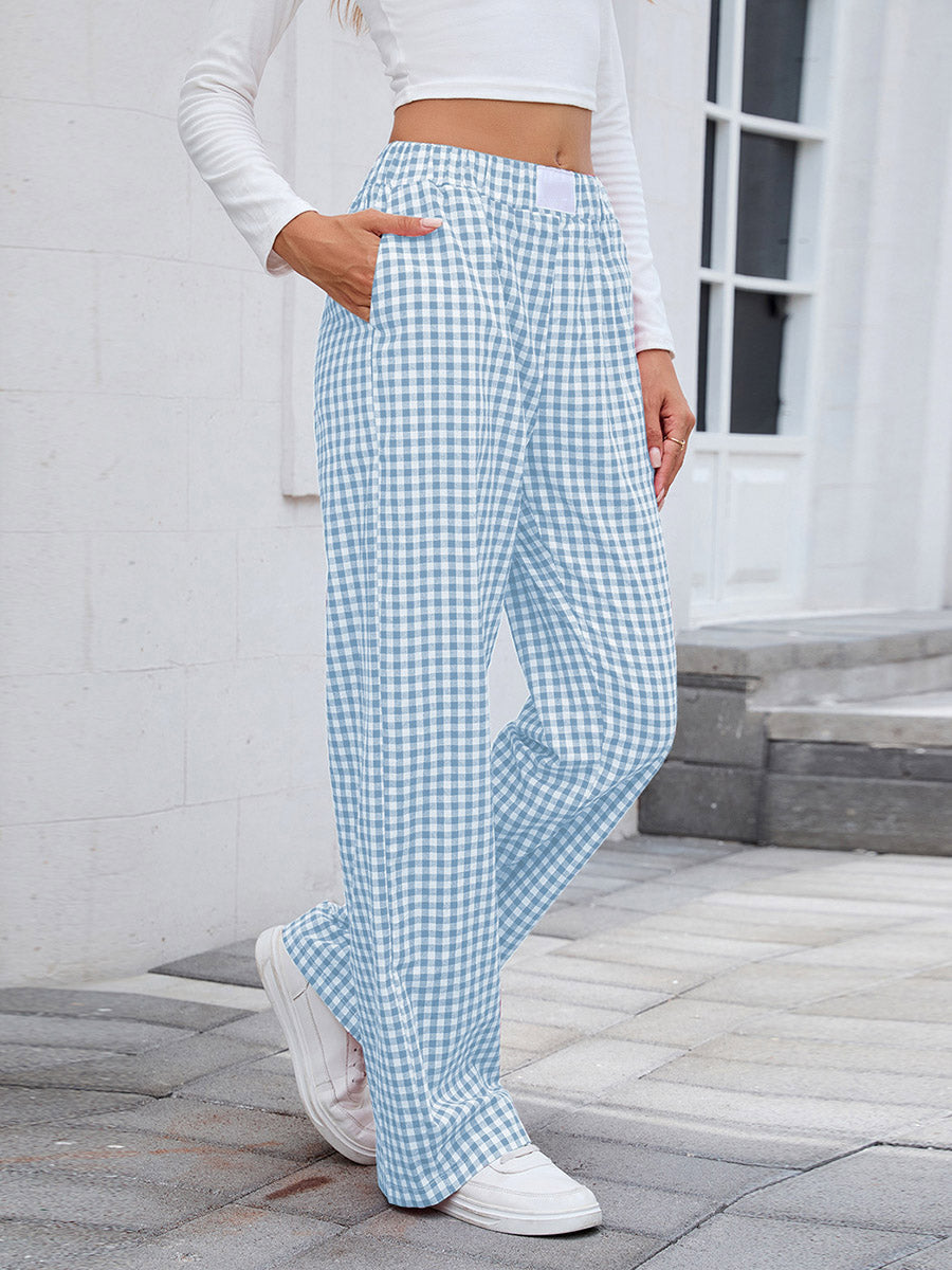 Elasticated Waist High Waisted Contrast Color Plaid Pockets Split-Joint Pants Trousers