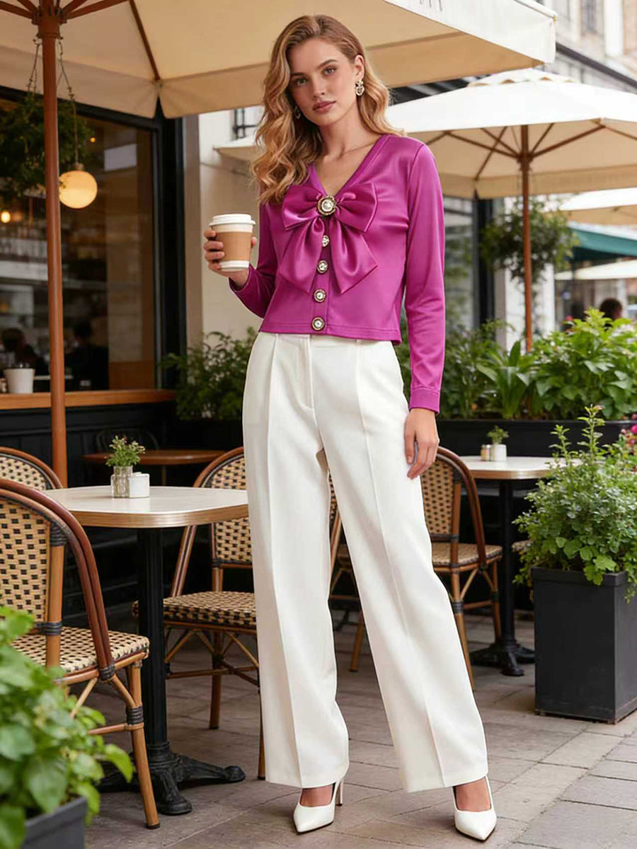 Long Sleeves Bow-Embellished Buttoned Solid Color V-Neck Blouses&Shirts Tops