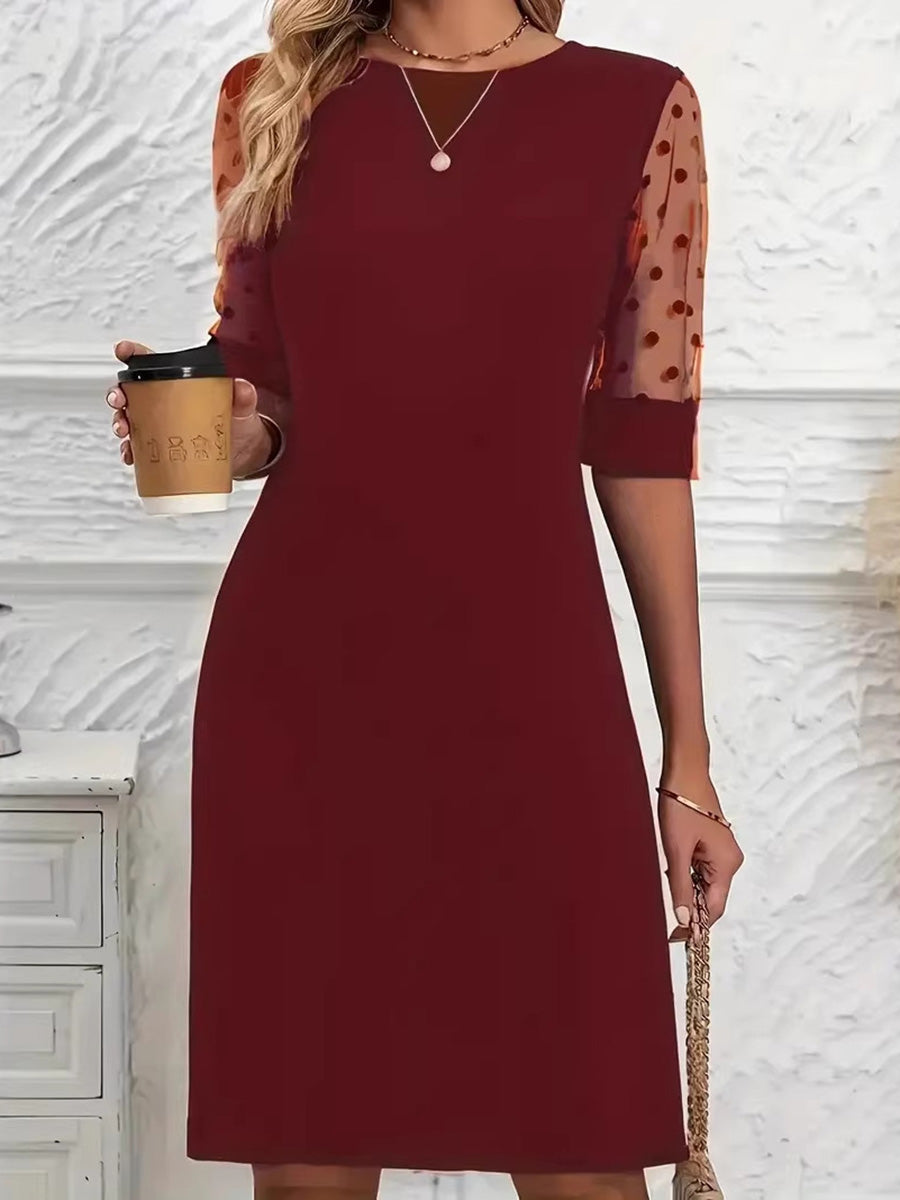 A-Line Half Sleeves Polka-Dot See-Through Solid Color Split-Joint Round-Neck Mini Dresses