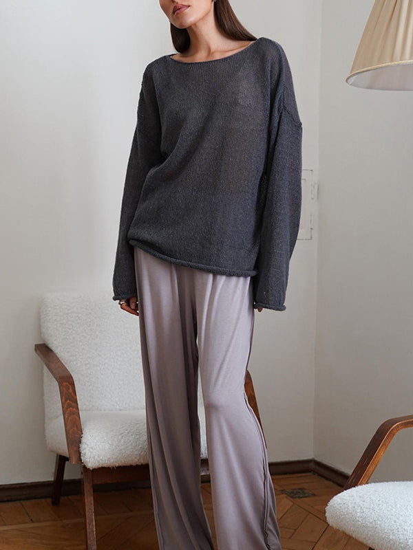 Long Sleeves Loose See-Through Solid Color Split-Joint Round-Neck Sweater Tops