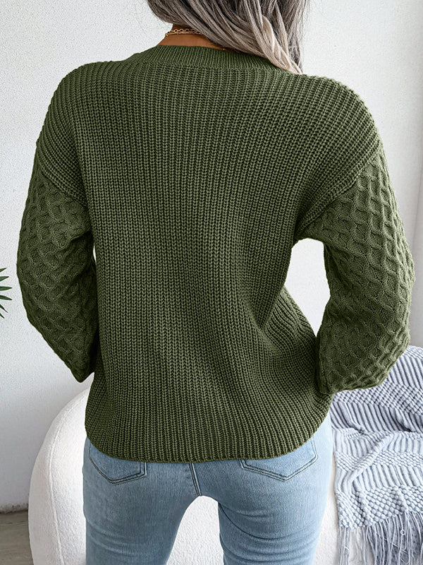 Long Sleeves Loose Cable Knit Solid Color Round-Neck Sweater Tops