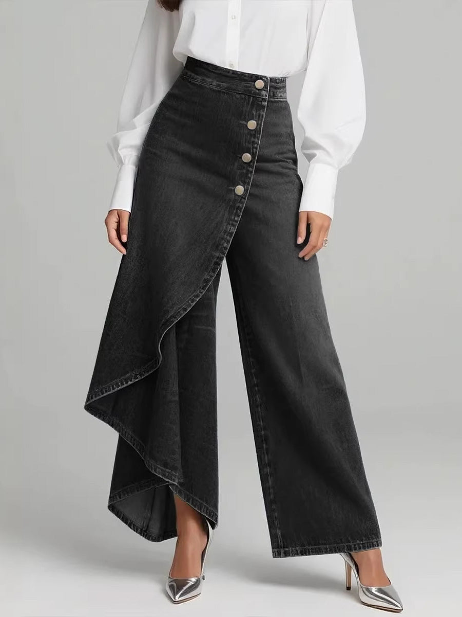 High Waisted Irregularity Buttoned Layered Pockets Solid Color Split-Joint Jean Pants Bottoms