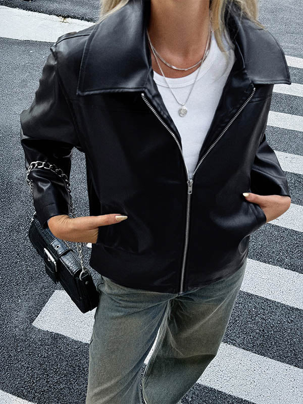 Long Sleeves Pockets Solid Color Zipper Lapel Jackets Overcoat