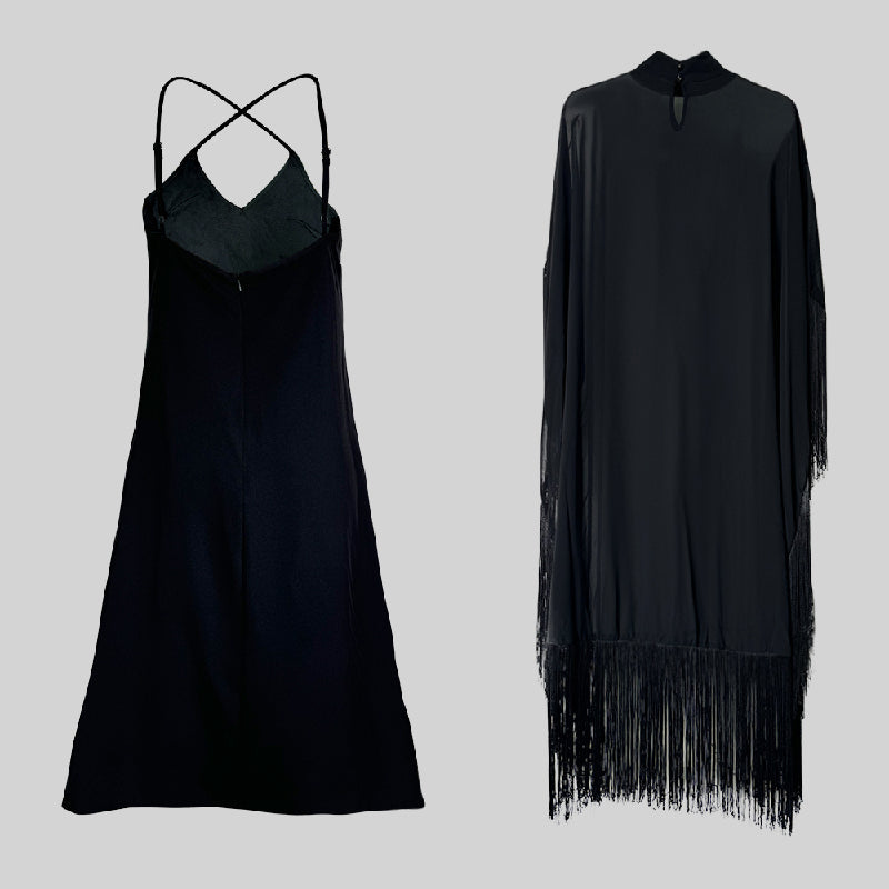 Batwing Sleeves Loose See-Through Solid Color Tasseled Mock Neck Maxi Dresses
