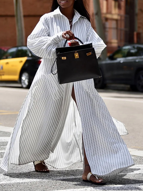 Long Sleeves Loose Buttoned Split-Side Striped Lapel Maxi Dresses Shirt Dress