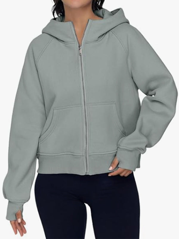 Hooded Long Sleeves Pockets Solid Color Zipper Jackets Outerwear