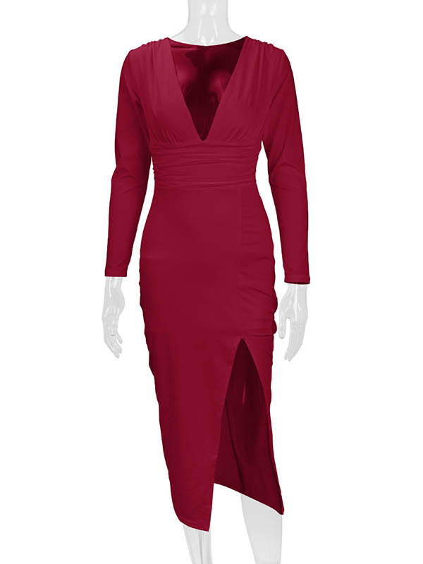 Bodycon Elasticated Waist Pleated Solid Color Split-Joint Split-Side Deep V-Neck Midi Dresses