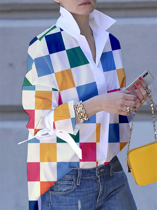 Long Sleeves Loose Buttoned Contrast Color Plaid Tied Stand Collar Blouses&Shirts Tops