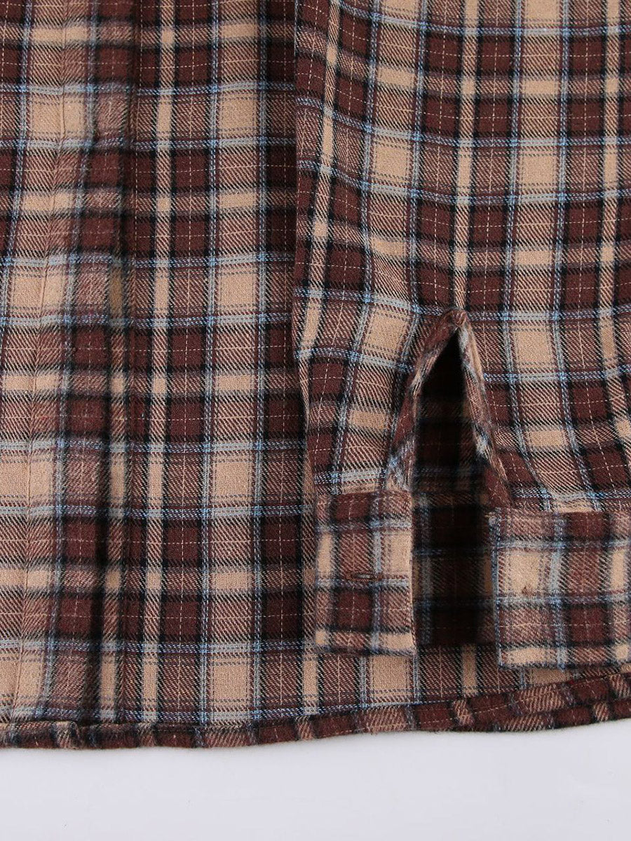 Long Sleeves Loose Buttoned Contrast Color Plaid Split-Joint Lapel Blouses&Shirts Tops Outerwear